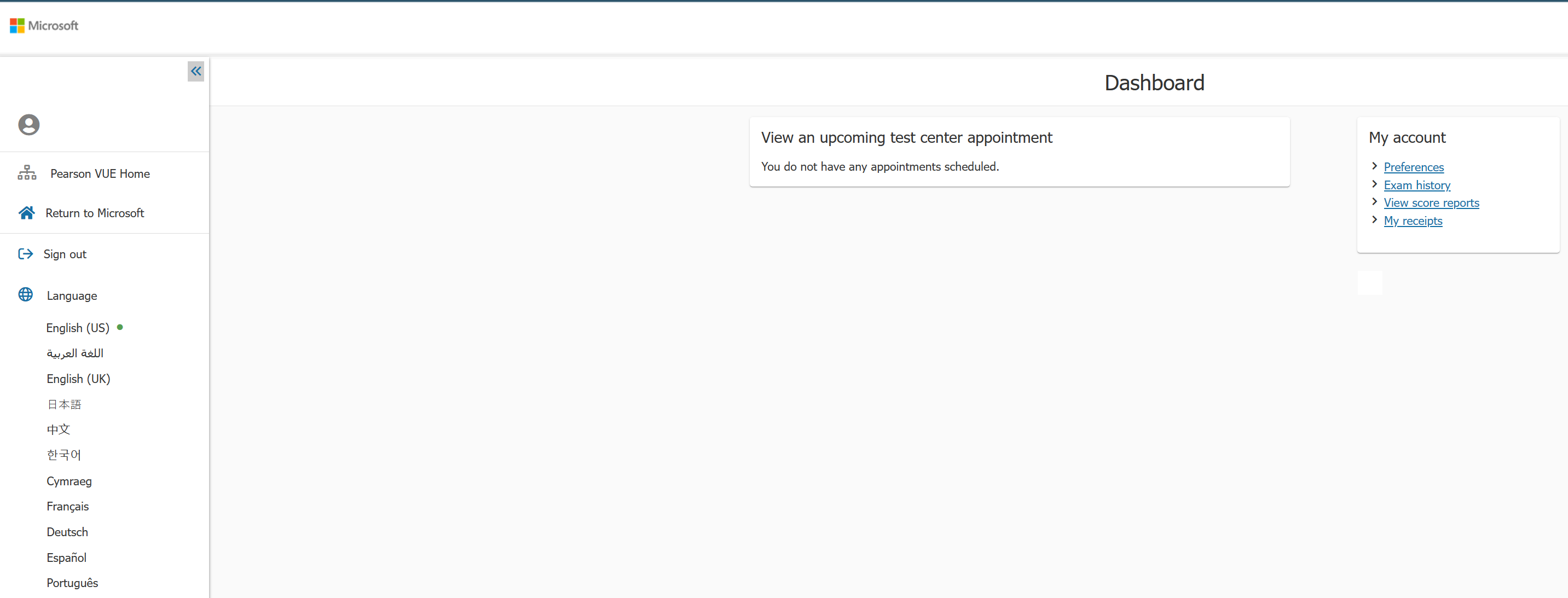 Pearson VUE portal dashboard page showing navigation including Pearson VUE Home, My account, and View score reports for accessing past exam score reports, displayed in a web portal interface with a neutral administrative tone