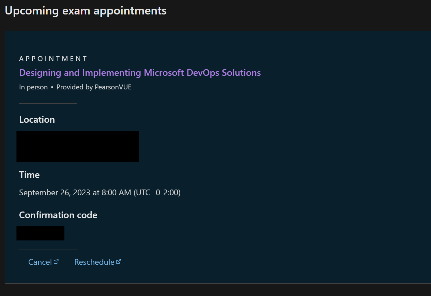 Microsoft Certification Dashboard page focused on the Upcoming Exam Appointment section, showing scheduled exam entries and a Reschedule button that links to Pearson VUE